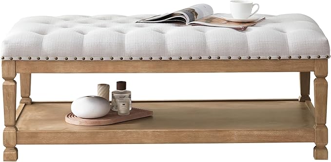 48" Coffee Tables for Living Room, Oversized Storage Ottoman Coffee Table, Fabric Tufted Ottomans, Upholstered Storage Ottoman Bench for Bedroom, Entryway (Beige)