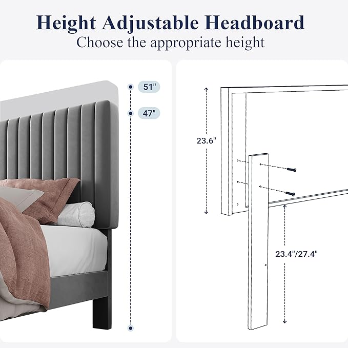 Allewie Queen Bed Frame, Velvet Upholstered Platform Bed with Adjustable Vertical Channel Tufted Headboard, Mattress Foundation with Strong Wooden Slats, Box Spring Optional, Easy Assembly, Grey