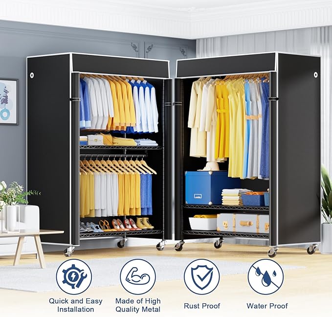 P8C Heavy Duty Clothes Rack（With Extended Width Design） Rolling Clothing Racks for Hanging Clothes with Lockable Wheels，51.2"W x 15.8"D x 80.5"H，Max Load 700LBS，Black Rack with Black Cover