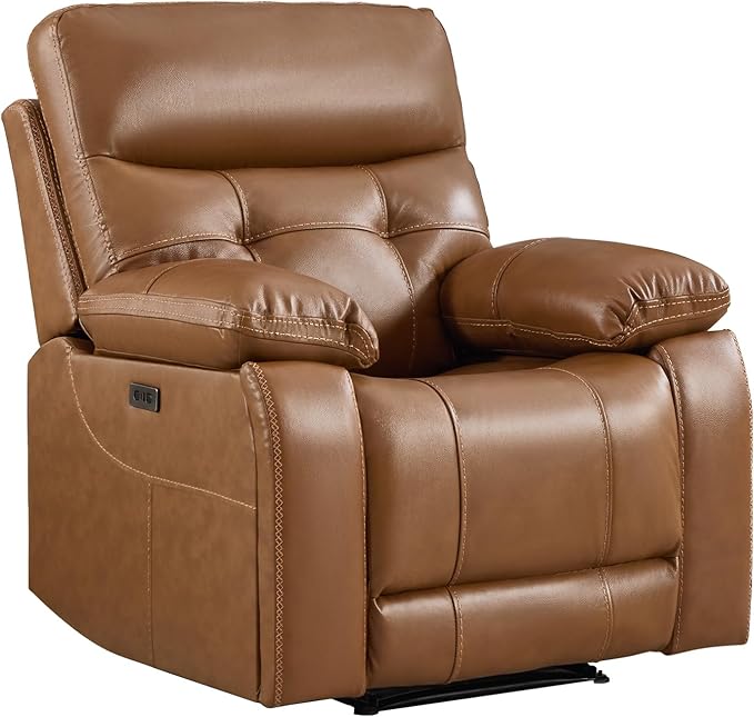 CANMOV Genuine Leather Recliner Chair, Power Single Reclining Sofa with Comfortable Arms and Back, Modern Electric Recliner Couch Set with Hidden Cup Holders,USB, Type C Port for Living Room,Brown