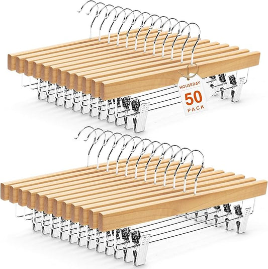 HOUSE DAY Premium Wooden Pants Hangers 50 Pack, Solid Lotus Wood Skirt Hangers with 2-Adjustable Clips, Heavy Duty & Anti Slip Wood Bottom Hanger for Slacks, Jeans, Trousers, Shorts (Natural)