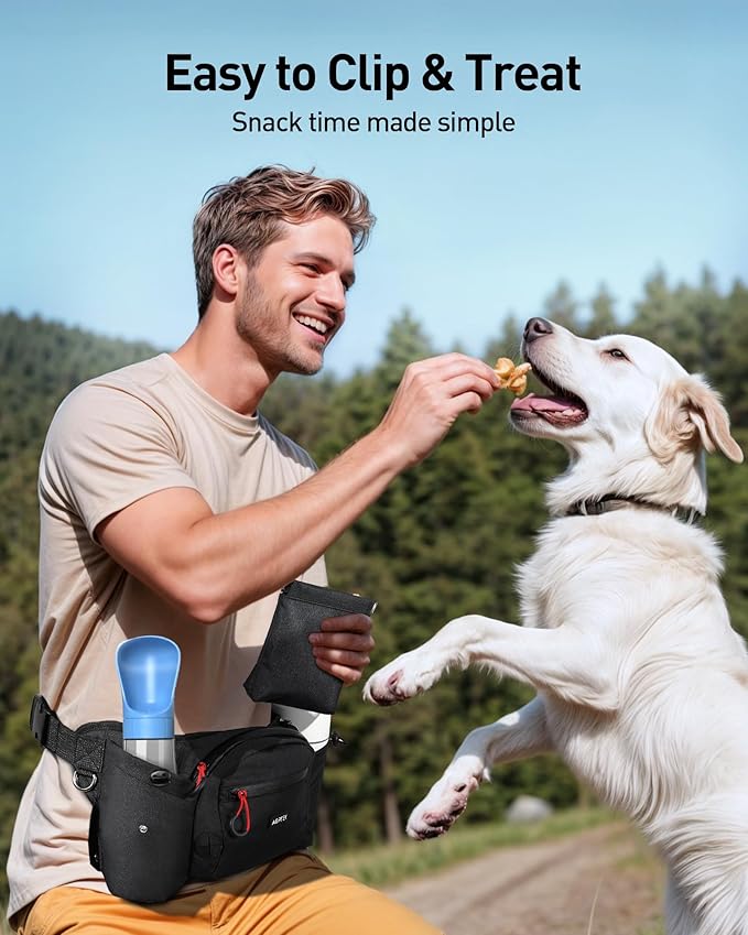 AGPTEK Dog Walking Fanny Pack, Large Capacity Dog Training Treat Pouch, Waist Bag with Removable Snack Pouch, Water Holder, Poop Bag Dispenser, Waterproof Zipper, Adjustable Strap, Black