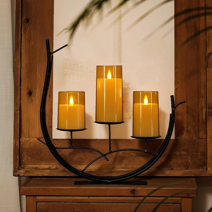 Homemory Realistic Flickering Flameless Candles, Battery Operated Candles with Remote Control and Timer, LED Fake Electric Candle for Home, Christmas Decoration, Gold, Set of 3