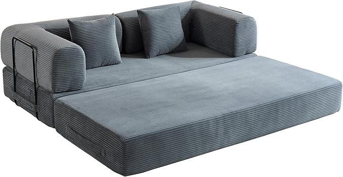 Comfy Convertible Folding Mattress Couch, Floor Sofa Bed with Fixed-Shape Frame, Corduroy Floor Sofa with Armrest, Floor Sofa Lounge Couch for Living Room Bedroom Lounge Studio,Grey
