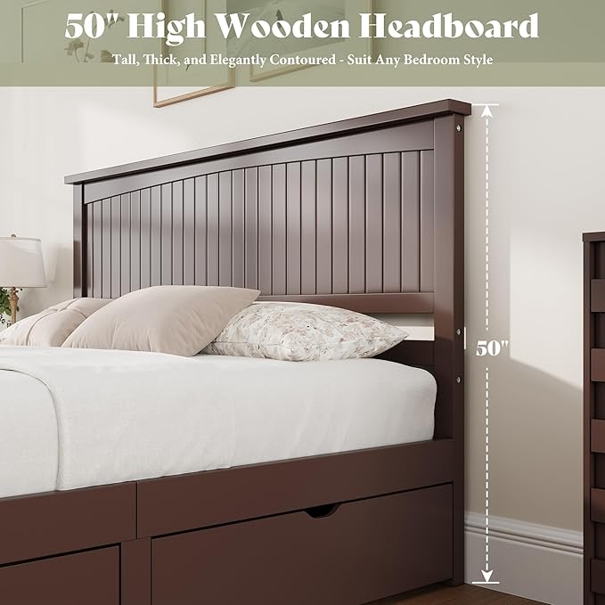 AMERLIFE Full Size Solid Wood Bed Frame with 50" Tall Headboard, Mid-Century Modern Bed with Storage, Wooden Platform Bed with 2 Drawers, No Box Spring Needed, Espresso