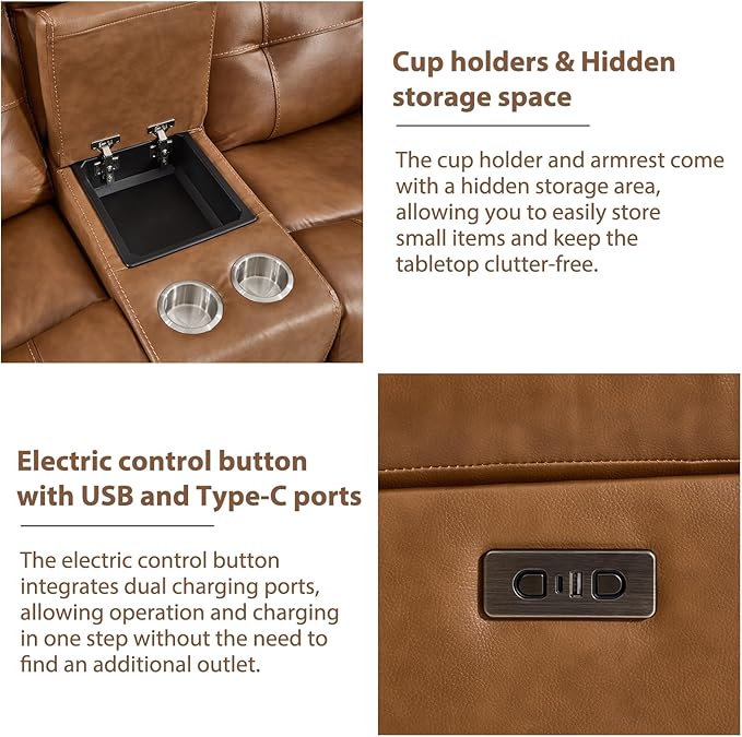 CANMOV Genuine Leather Power Recliner Sofa Set, Power Recliner Chair and Loveseat Set, 2 Pieces Leather Couch with Storage Console, USB Ports, Cup Holders for Living Room,Brown