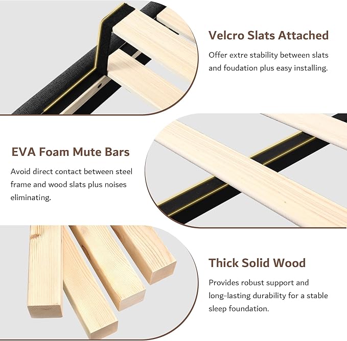 iPormis Queen Size Bed Frame with Charging Station, Linen Platform Bed Frame with Wingback Headboard Upholstered Bedframe, Solid Wood Slats Support, No Box Spring Needed, Easy Assembly, Dark Grey