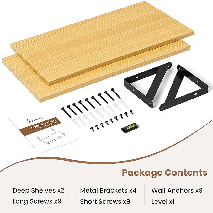 Axeman Floating Shelves | 8 Inch Deep Oak Wall Shelves Set of 2 | 16W x 8D Rustic Wood Shelves for Bookshelf Living Room Bedroom Home Office Bathroom