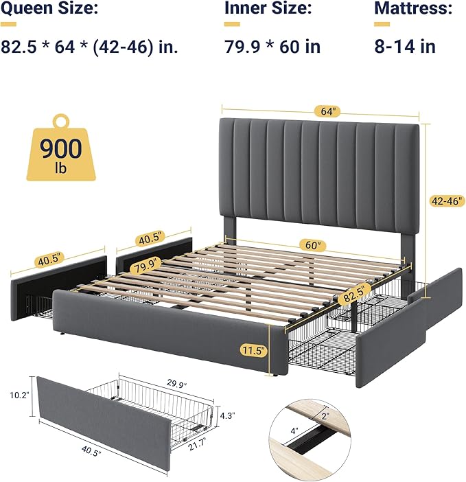 Allewie Queen Size Storage Bed Frame, Vertical Channel Tufted Adjustable Headboard, Velvet Upholstered Platform Bed with 4 Oversized Underbed Drawers, Wooden Slats Support, No Box Spring Needed, Grey
