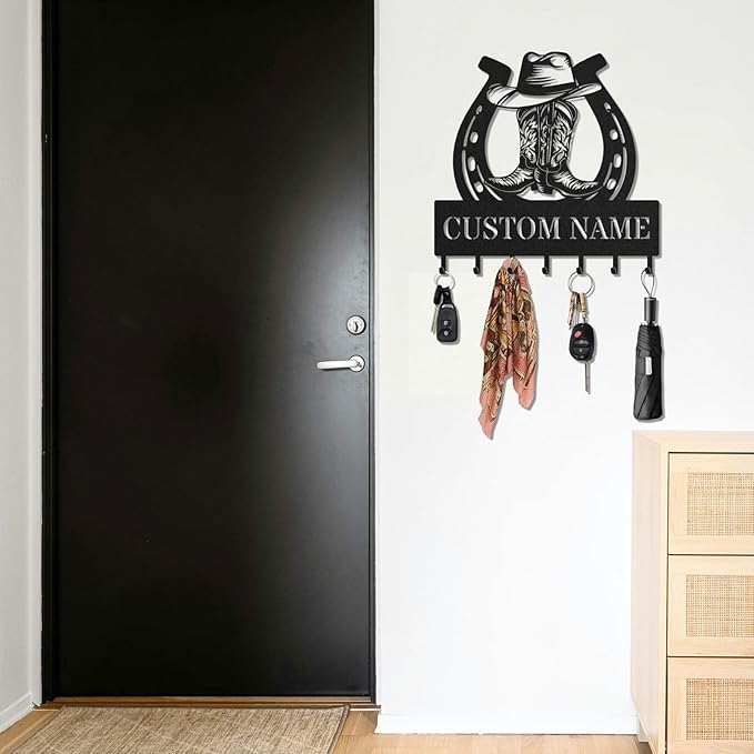 Personalized Key Holder for Wall, Custom Metal Cowboy Key Hooks with Name, Meta Jacket Holder Hooks Organizer Rack, Jacket Hanger Decor for Kitchen, Entryway, Hallway, Office, Doorway