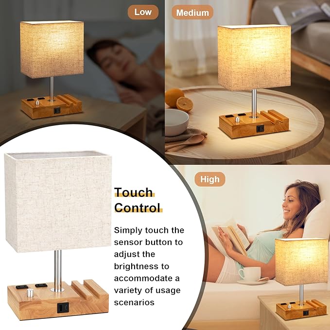Kakanuo Fully Dimmable Nightstand Lamp for Bedroom with USB C Ports, Small Bedside Table Lamp with Charging Outlets and Phone Stands, Wooden Desk Lamp for Living Room, LED Bulb Included