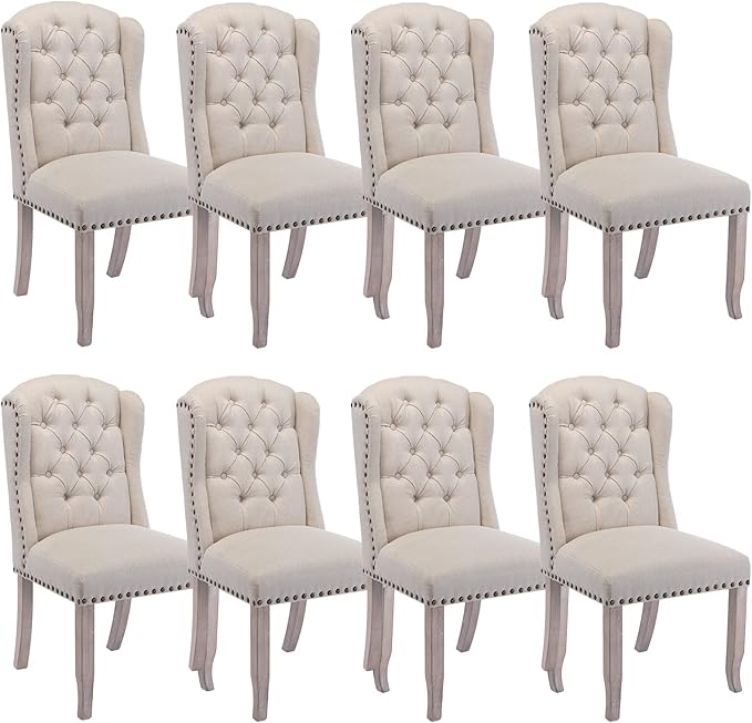 DUOMAY Modern Tufted Dining Chairs Set of 8, Linen Upholstered Dining Room Chairs Armless Guest Side Chair for Kitchen Dining Room, Wingback Accent Chairs with Solid Wood, Beige