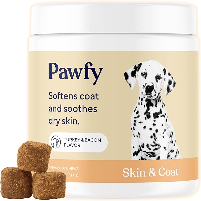 Pawfy Skin & Coat with Salmon Oil - Dog Allergy Relief Chews | Advanced Licking Paws Comfort | Dog Itching Skin Relief & Seasonal Allergies Support - Immune Support & Coat Defense | 30 Chews (Bacon)
