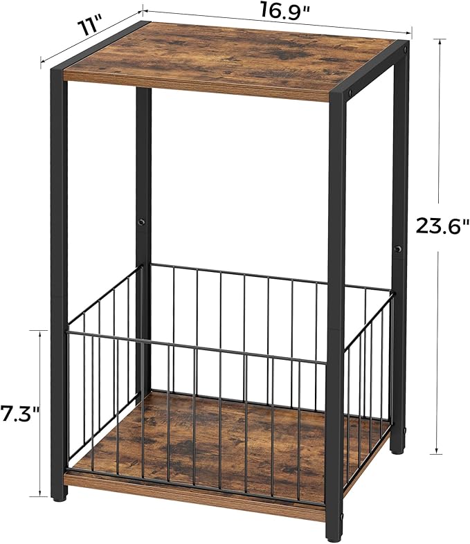 Side Table with Magazine Holder, Record Player Stand with LP Shelf, End Table for Living Room, Bedroom, or Bedside, Easy Assembly, 11" D x 16.9" W x 23.6" H, Rustic Brown