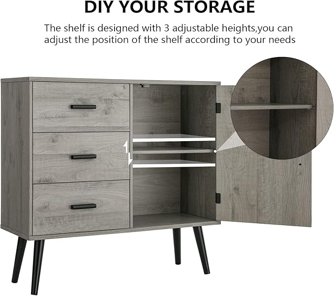 Iwell Storage Cabinet with 3 Drawers & Adjustable Shelf, Sideboard Buffet Cabinet, Small Freestanding Floor Storage Unit, for Living Room, Home Office, Rustic Grey
