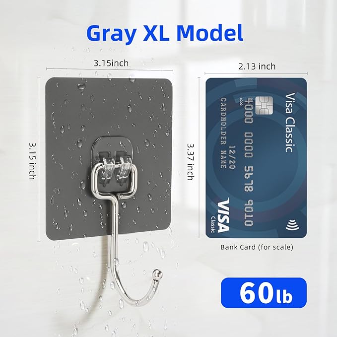 Adhesive Wall Hooks for Hanging - 60lb Heavy Duty Waterproof & Rustproof, Sticky Hooks for Walls No Damage, Kitchen/Bathroom/Rental (Ganchos para Pared) 10-Pack