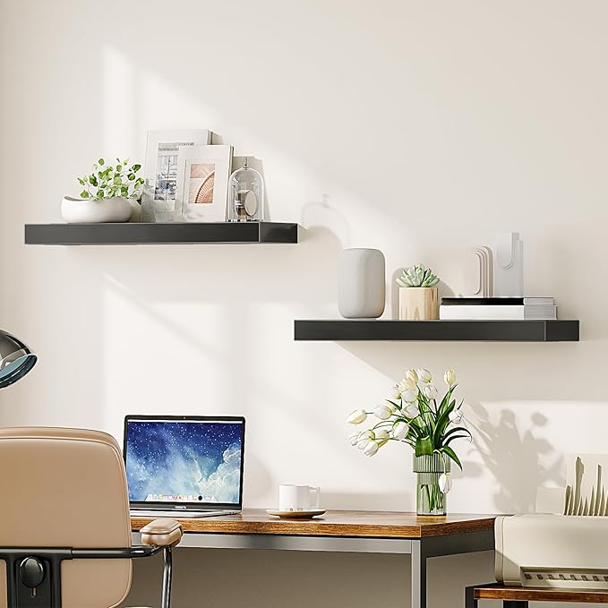 HOOBRO Floating Shelves for Wall, Wall Mounted Shelf Set of 2, 23.6" Hanging Shelf with Invisible Brackets, for Wall in Bathroom, Bedroom, Toilet, Kitchen, Living Room, Office, Black BK60BJ01