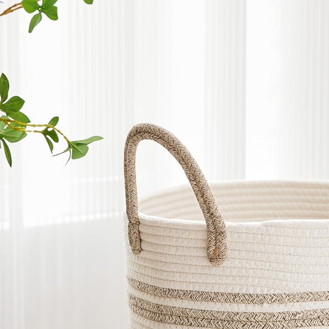 VIPOSCO Large Laundry Hamper, Tall Woven Rope Storage Basket for Blanket, Toys, Dirty Clothes in Living Room, Bathroom, Bedroom - 53L Brown & White