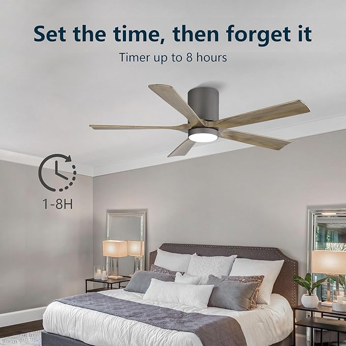 ELEHINSER 52 inch Low Profile Ceiling Fan with Light, 5 Solid Wood Blades, 6-Speeds, Quiet DC Motor, Timer, Flush Mount Modern Ceiling Fan with Remote for Living Room Bedroom, Charcoal Grey
