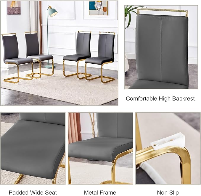 Dining Table Set of 4,51" Rectangle Tempered Glass Top with Golden Chrome Legs,Kitchen Room Table with 4 Grey Faux Leather Chairs,Dinner Table Set for Dining Room Office