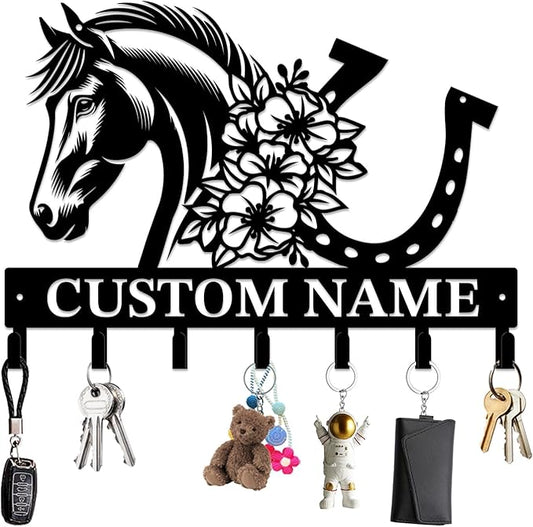 Personalized Custom Name Farm Horse Wall Key Hooks,Metal Horse Art Clothes Hooks,Metal Horse Wall Home Storage Decorative,For Front Door, Hallway, Kitchen, Bedroom,Keys,Hats (Style H)