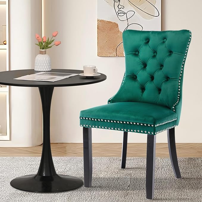 SoarFlash Kitchen Table and Chairs for 2, 31.5" Dining Table Set for 2 with Velvet Upholstered Chairs, 3 Piece Round Kitchen Table Set, Dining Room Table Set for Small Space, Apartment, Green/Black