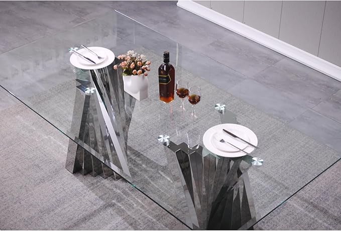 Dining Table for 4-8, 78“ Modern Falcone Kitchen and Dining Table with Tempered Glass Top, Silver Dinner Table for Dining Room, Kitchen, Party