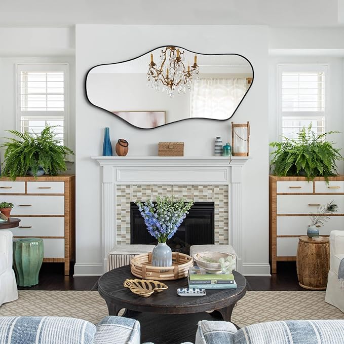 Irregular Wall Mirror, 47"x25" Large Asymmetrical Mirrors, Cloud Shaped Mirror with Metal Frame, Modern Abstract Mirrors for Living Room Bathroom Bedroom Hallway Entryway Fireplace