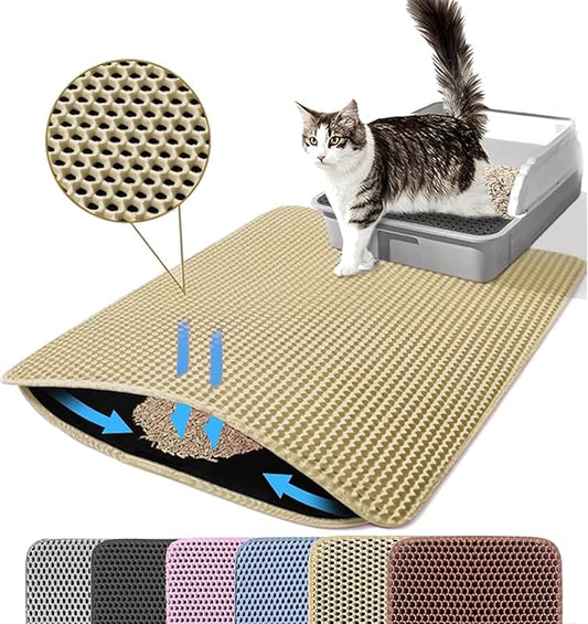 Small Cat Litter Mat, 20x14’’ Double Layer Honeycomb Cat Litter Box Mat, Non Slip Waterproof Urine Proof Litter Trapping Mat for Floor, Kitty Litter Pad, Indoor Pet Supplies, Beige