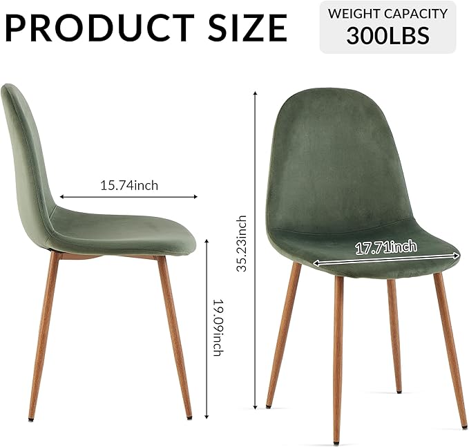 Howtek Mid-Century Modern Dining Chairs Set of 4, Green Velvet Upholstered Kitchen Side Chairs with Backrest & Metal Legs for Dining Room, Living Room, Restaurant