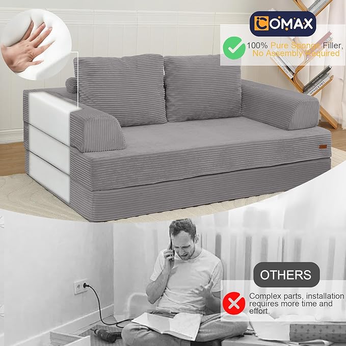 COMAX Convertible Sofa Bed, Folding Floor Couch Corduroy Fold Out Couch Bed Futon Sleeper Mattress with Pillows, Boneless Sofa Comfy Lounge Loveseat for Living Room Bedroom, Light Grey