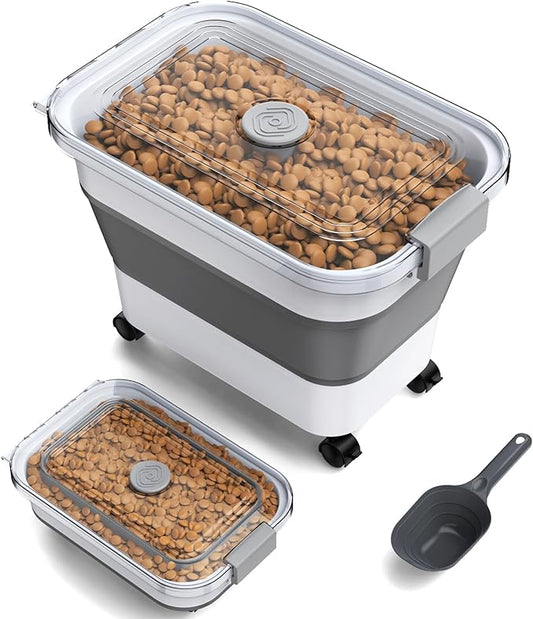 Dog Food Storage Container, 10-23 Lbs Collapsible Dog Food Container with Transparent Airtight Lid, Wheels and Scoop, Travel Pet Food Storage Container for Cat, Dog and Bird, Keep Dry Food Fresh