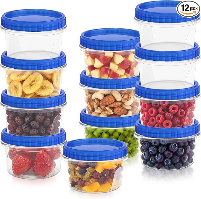 12 Pack Freezer Containers with Screw On Lids, 12 Oz Stackable Reusable Plastic Storage Container, Airtight Plastic Food Storage Containers with Twist Top Lids for Food Soup Jello Sauce