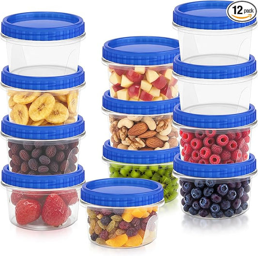 12 Pack Freezer Containers with Screw On Lids, 12 Oz Stackable Reusable Plastic Storage Container, Airtight Plastic Food Storage Containers with Twist Top Lids for Food Soup Jello Sauce