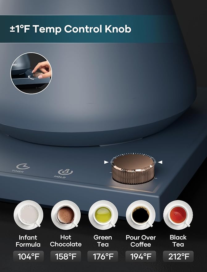 Electric Kettle, Gooseneck Electric Kettle, ±1℉ Precise Temperature Control, Stainless Steel Interior, Quick Heating for Pour Over Coffee, Tea & Boiling Water, 0.9L (Navy Blue)