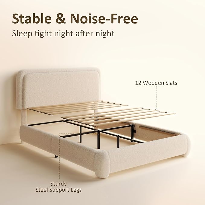 Full Bed Frame, Teddy Velvet Boucle Bed Frame with 43.3"/45.3" Adjustable Upholstered Headboard, Rounded Corners, Mattress Foundation, No Box Spring Required, Beige
