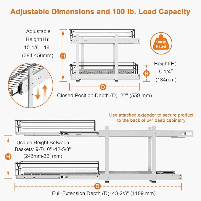 ALINE FURNITURE 2-Tier Pull Out Cabinet Organizer - 23" W x 22" D Soft Close Pullout Shelves with Shelf Liners - Slide Out Drawers for Kitchen Cabinets, Pantry, Bathroom, Heavy Duty Steel Wire Baskets
