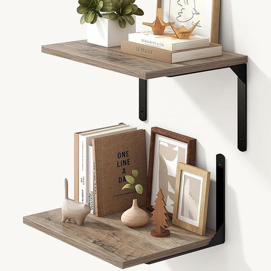 Fun Memories Floating Shelves for Wall, 12 Inch Deep Floating Shelves Set of 2, Wall Mounted Shelf with Metal Brackets, Rustic Wood Wide Shelf for Bathroom, Kitchen and Living Room, Grey, 16W x 12D