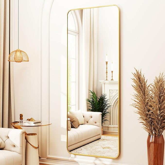 Full Length Mirror 23"x66", Large Floor Mirror with Rectangle Rounded Corners, Gold Aluminum Alloy Frame, Wall Mirror for Full Body