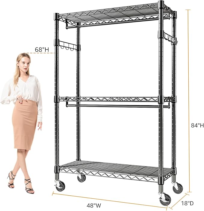 Heavy Duty Rolling Garment Rack 3 Tiers Adjustable Wire Shelving Clothes Rack with 2 Rods and Side Hooks, Storage Closet Clothing Rack with Wheels Black 17.7" D x 47.2" W x 83.6" H