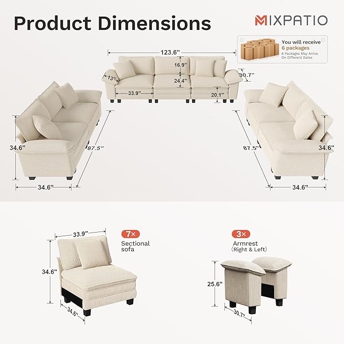 Cloud Couch Sectional Sofa Set, Plush 24.4-Inch Deep 7-Seat Sectional with Velvety Corduroy & Removable Arms for Living Room and Apartment, Beige