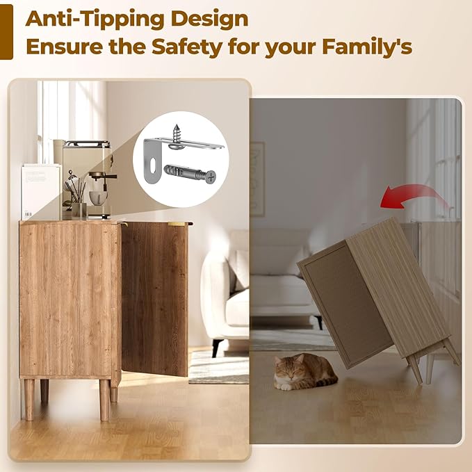 Sideboard Buffet Storage Cabinet - Wood Cabinets with Adjustable Shelves Fluted Doors, Anti-Tip Console Table for Kitchen Dining Living Room or Entryway Hallway, Easy Assembly, Natural