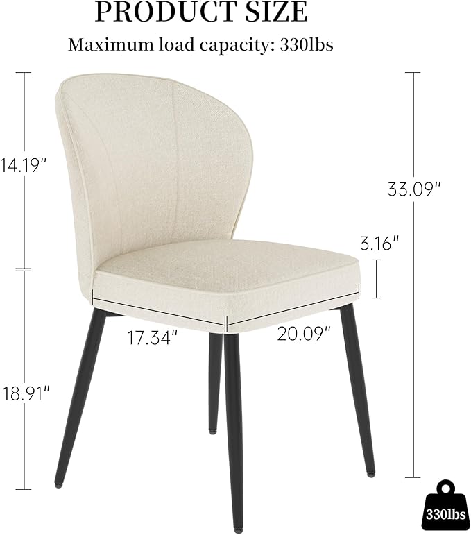Dining Chairs Set of 2, Modern Fabric Dining Room Chairs with Curved Backrest Well-Padded Seat, Upholstered Kitchen Chairs for Living Dining Room, White