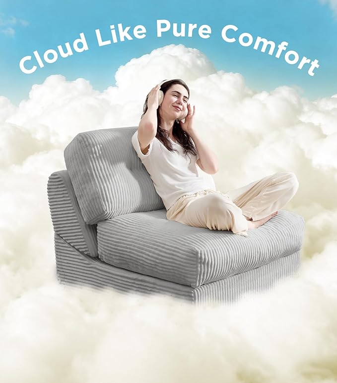 Tbfit Folding Sofa Bed, Convertible Sleeper Chair with Large Pillow, Corduroy Folding Couch Bed, Portable & Foldable Mattress Boneless Floor Sofa for Living Room, Bedroom, Office, Grey, Single