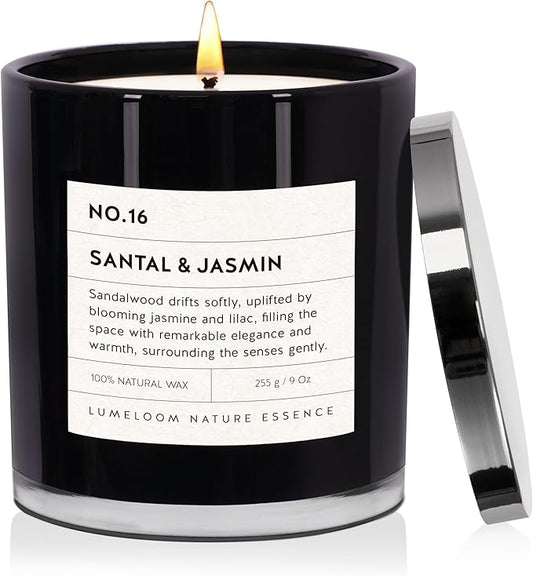 Santal & Jasmine Luxury Scented Candles, 9oz Soy Wax Candles for Home Scented, Jasmine, Sandalwood, Lilac Scent, Long Burning Time, Gifts for Women, Friends, Men, Sister, Teacher, Christmas