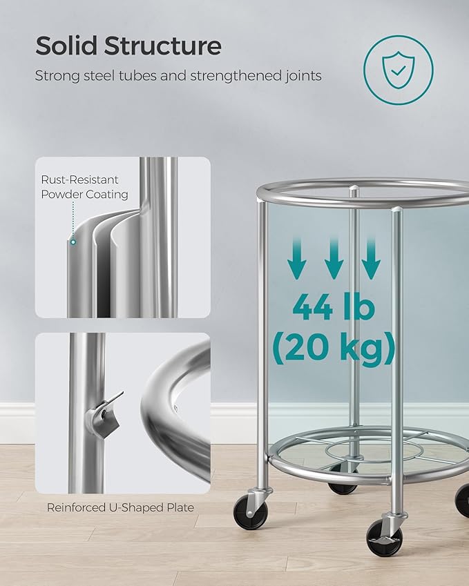 SONGMICS 29-Gallon (110 L) Laundry Basket with Wheels, Rolling Round Heavy-Duty Laundry Hamper Cart with Steel Frame and Removable Bag, 2 Locking Wheels, Charcoal Blue and Metallic Silver URLS002Q01