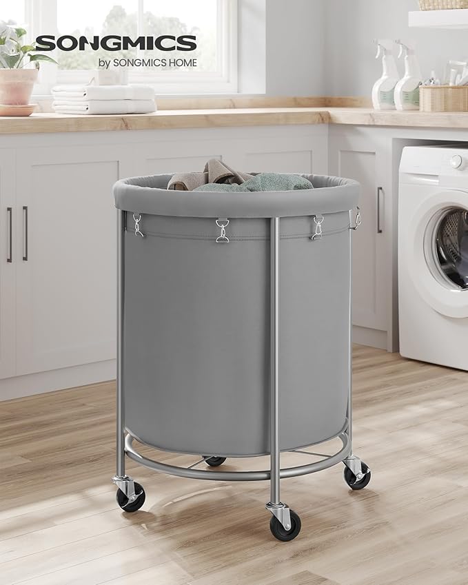 SONGMICS 50.2-Gallon (190 L) Laundry Basket with Wheels, Rolling Round Heavy-Duty Laundry Hamper Cart with Steel Frame and Removable Bag, 2 Locking Wheels, Gray and Metallic Silver URLS001G01
