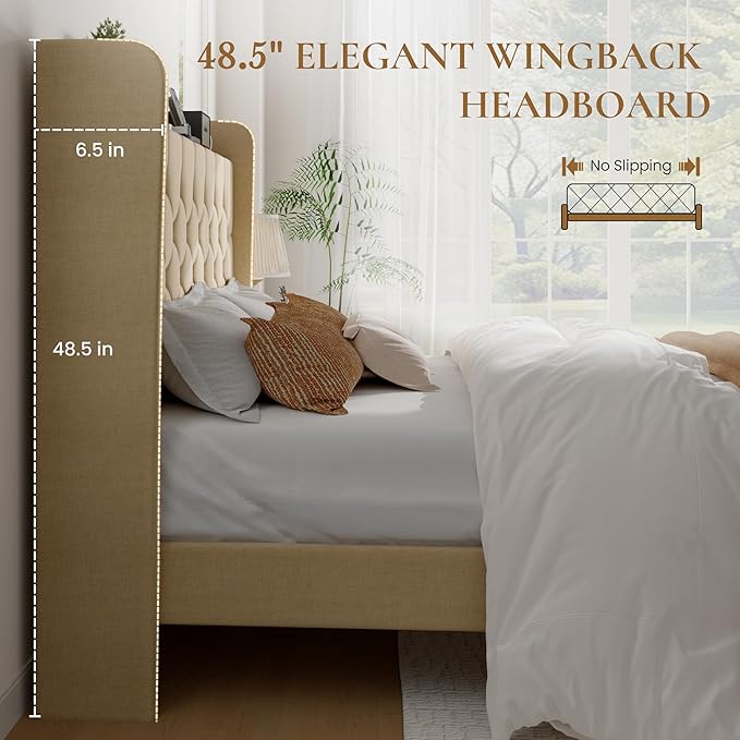 SHA CERLIN King Size Platform Bed Frame with Charging Station, Velvet Wingback Headboard with Storage Shelf, Wooden Slats Support, Ample Under-Bed Space, No Box Spring Needed, Easy Assembly, Beige