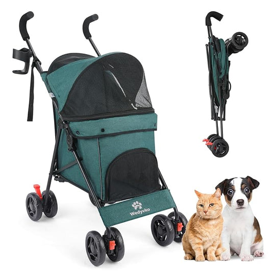 Pet Stroller for Small Dogs Medium Dogs 33lbs, Dog Pram Ultra Light - only 3.5 kg, Dog Stroller Pet Pram with 4 Wheel Foldable/Storage Basket/Cup Holder-P07 (Dark Green)