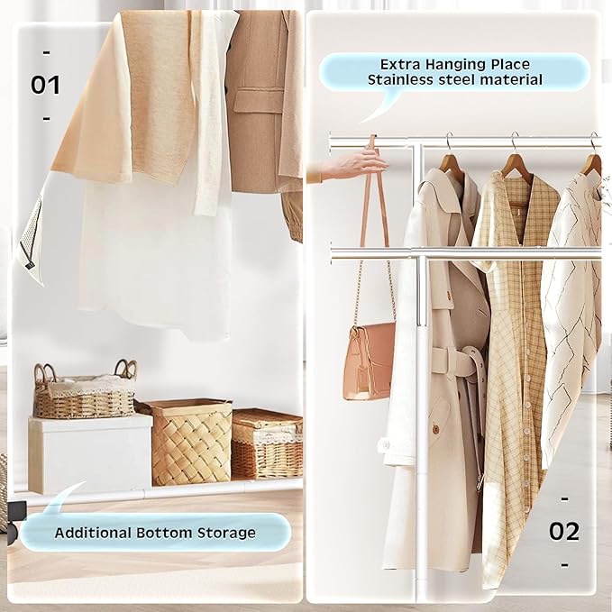 Double Clothing Rack, 55.51 Inch Garment Rack with Wheels and Bottom Shelf, 130LB Capacity Heavy Duty Rolling Clothes Racks for Hanging Clothes, Coats, Shirts, Sweaters, Skirts, White